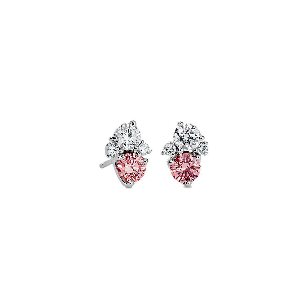 LIGHTBOX Lab-Grown Pink & White Diamond Round Cluster Earrings in 14k White Gold (1 ct. tw.)"" | Blue Nile