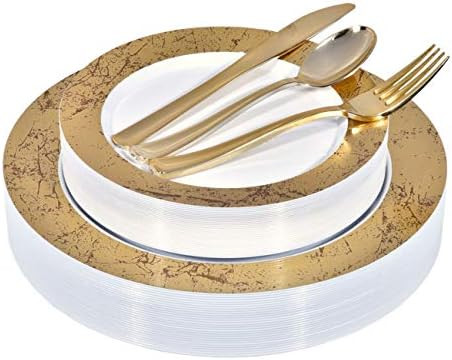 Elegant Plastic Plates with Plastic Silverware - Service for 25 Guests Disposable Plates and Cutl... | Amazon (US)