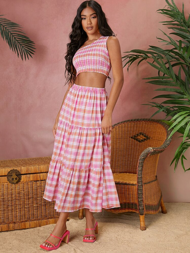 SHEIN VCAY One Shoulder Shirred Top and Plaid Skirt Set | SHEIN