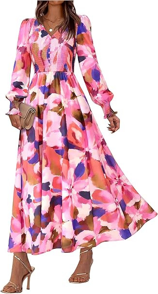 BTFBM Women Spring Wedding Guest Maxi Dresses 2026 Floral V Neck Long Sleeve Boho Long Dress Vaca... | Amazon (US)
