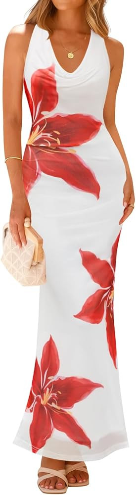 ZESICA Women's 2025 Summer Halter Neck Floral Print Maxi Dress Sleeveless Backless Wedding Guest ... | Amazon (US)