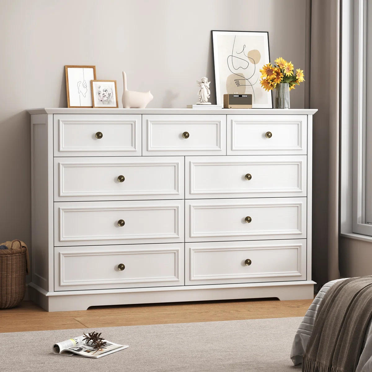 Valera 9-Drawer Dresser, Vintage Wide Storage Chest With Antique Bronze Handles | Wayfair North America