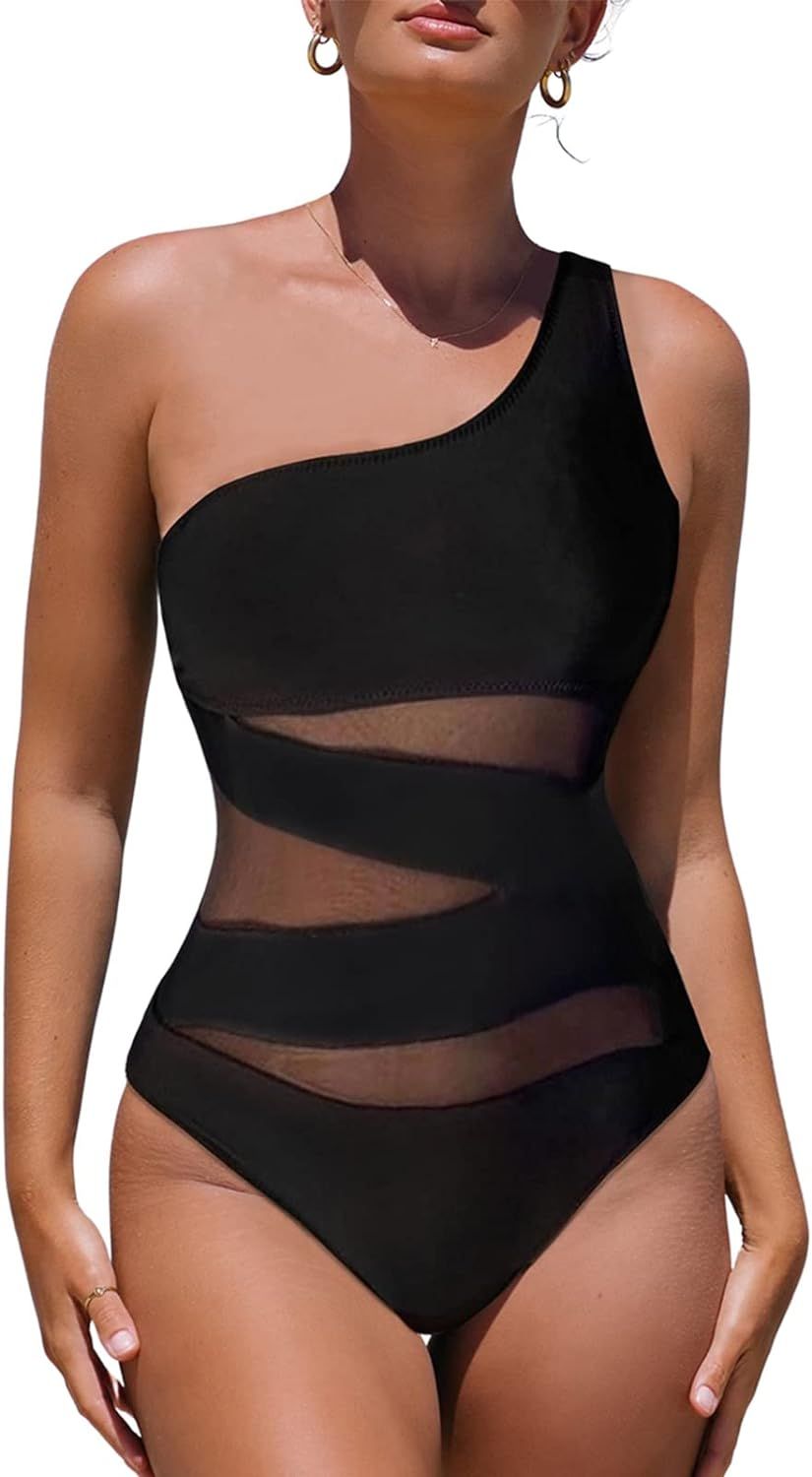 Roselychic One Piece Bathing Suit for Women One Shoulder Tummy Control Swimsuits for Women Mesh | Amazon (US)