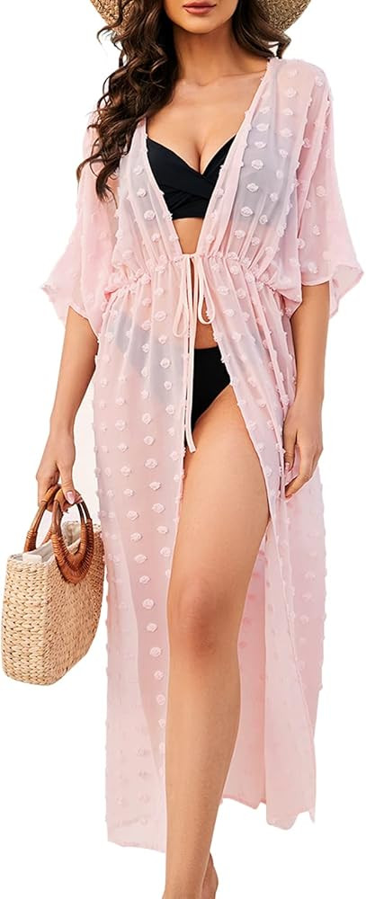 BMJL Women's Sexy Beach Swimsuit Cover Ups Sheer Long Kimono Cardigan with Drawstring Swiss Dot Beac | Amazon (US)