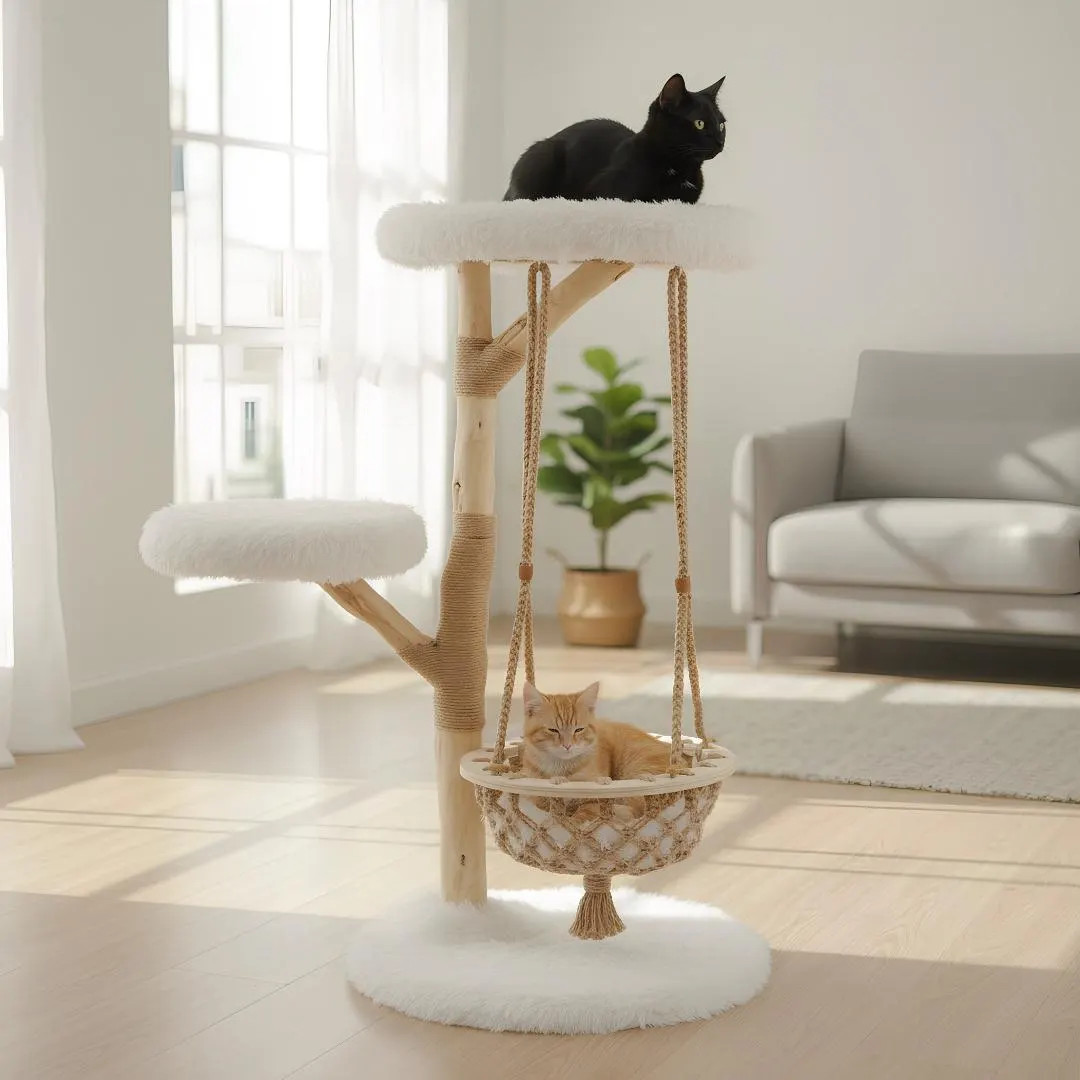 Wood Cat Tree Tower with Cradle, Jute Scratcher, Plush Perch, Stable Base | Etsy (US)