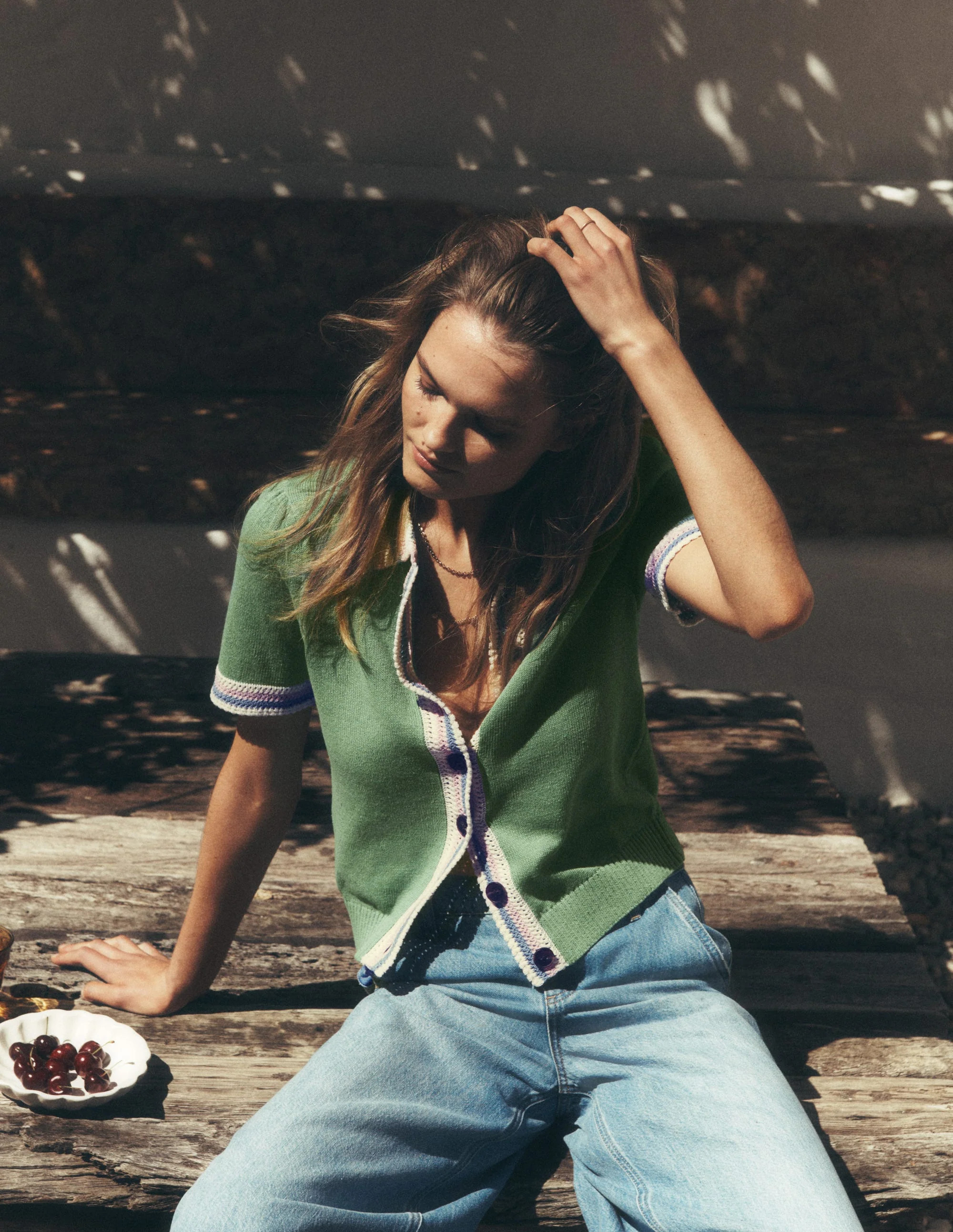 Saffron Crochet Trim Cardigan-Green | Boden UK