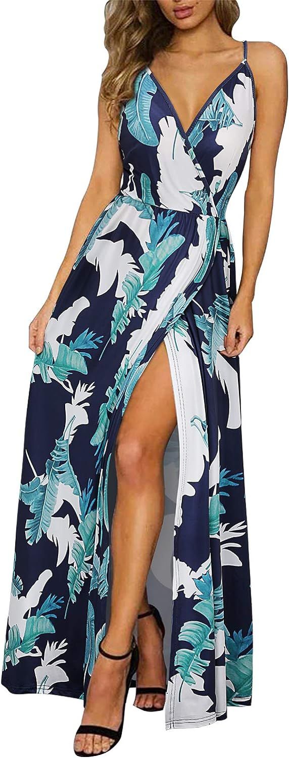 II ININ Women's 2023 Maxi Sundresses Summer Beach Long Wrap V-Neck Floral/Solid Casual Dress for ... | Amazon (US)