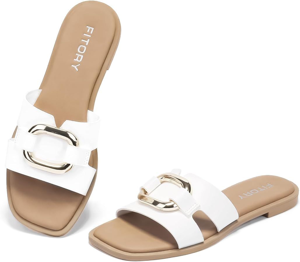 Amazon.com | FITORY Women's Flat Sandals Fashion Square Open Toe Slides With Metal Chain Slippers... | Amazon (US)