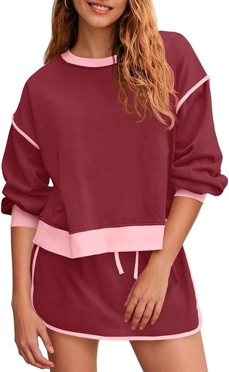 Fisoew Womens Sweatsuits 2 Piece Set Crewneck Sweatshirts High Waisted Skort Skirts Tennis Runnin... | Amazon (US)