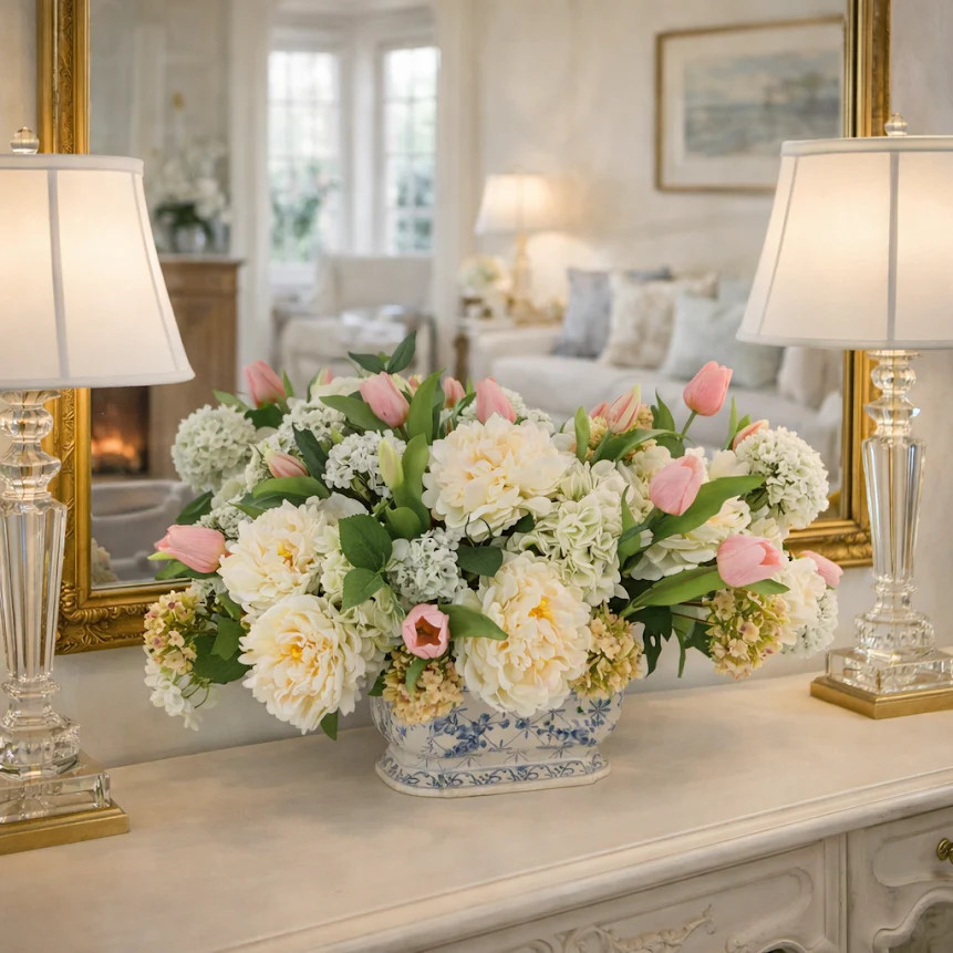 Ceramic Pot Floral Arrangement: Hydrangea, Peony & Viburnum | The Enchanted Home