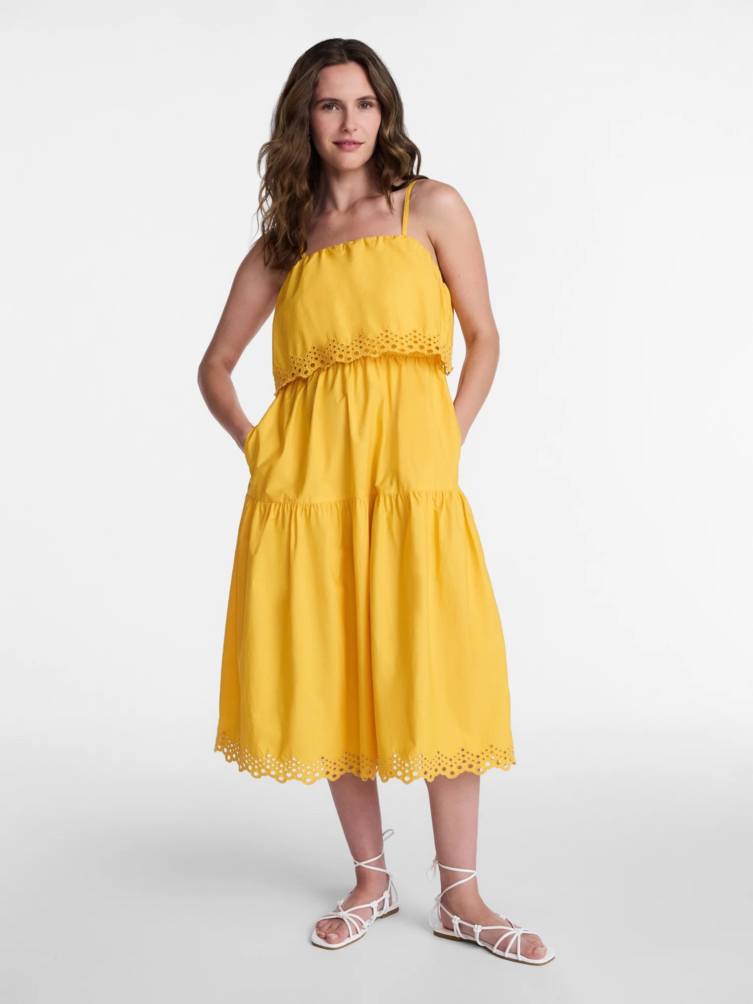 Time and Tru Women's and Women's Plus Eyelet Trim Cotton Midi Dress, Sizes XS-4X | Walmart (US)