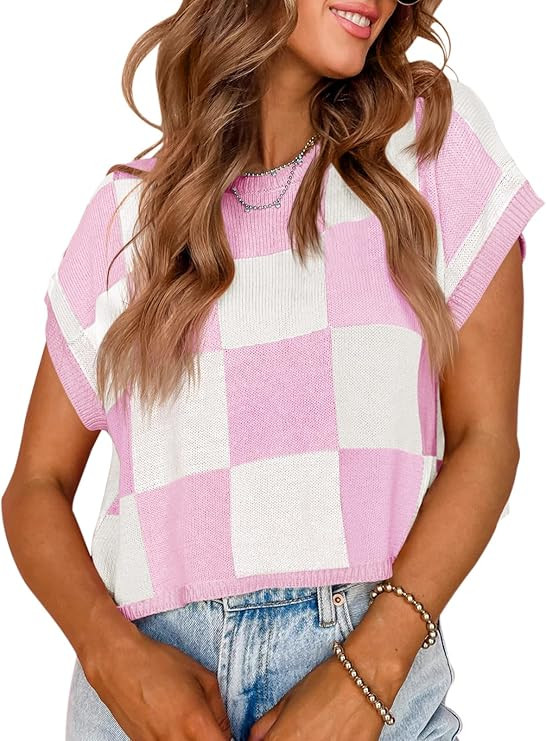 Saodimallsu Womens Cap Sleeve Crop Tops Summer Color Block Going Out Crew Neck Knit Trendy Casual... | Amazon (US)