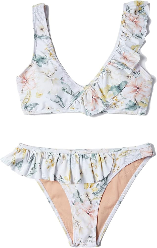 Women Two Pieces Ruffle Top Bikini Sets, Push up Floral Flounce Ruched Padded Bathing Suits | Amazon (US)