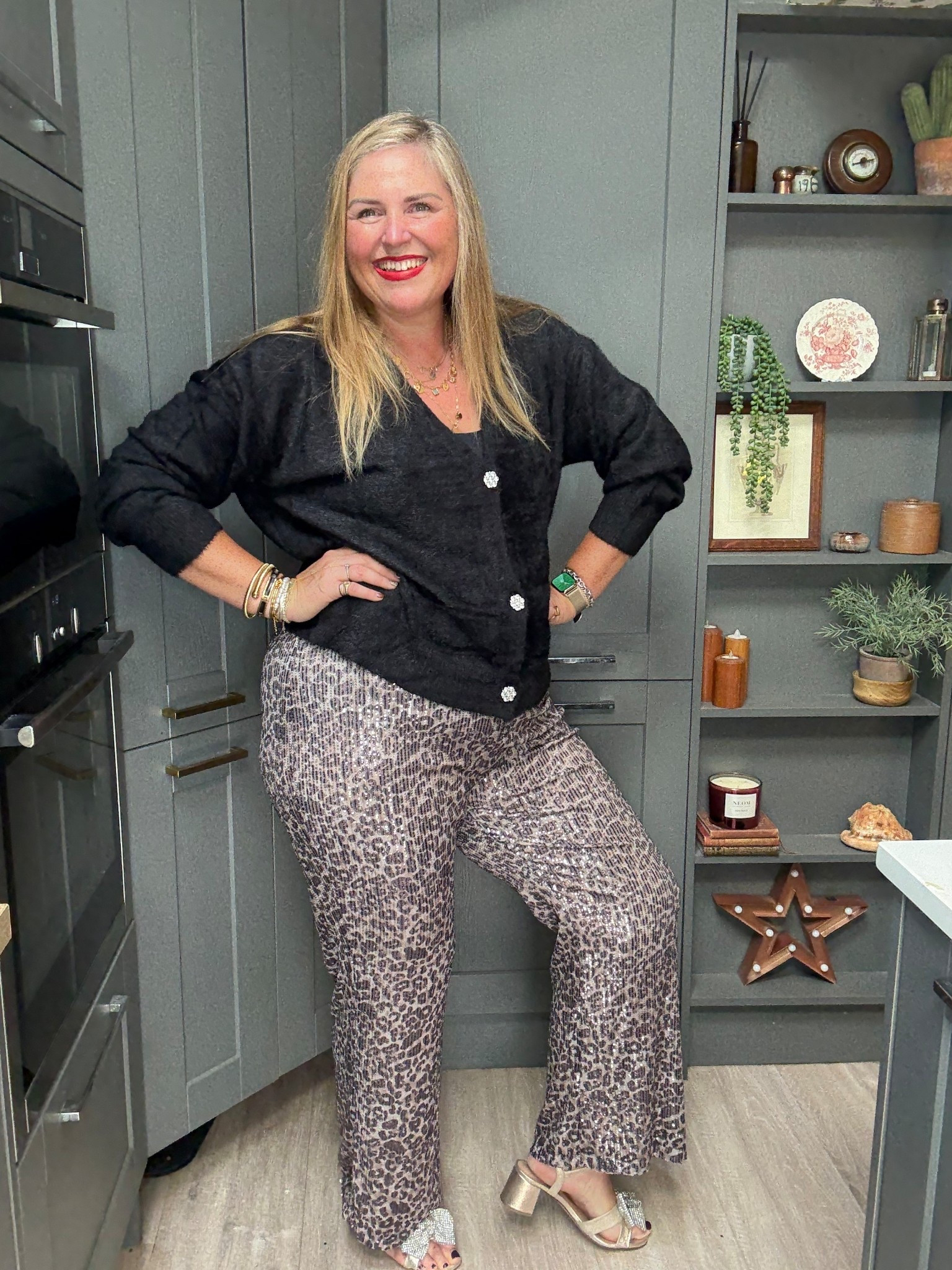 Black cardigan, leopard sequin trousers, sparkly heels

#LTKfestive #LTKplussize #LTKpartywear