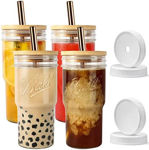 Reusable Boba Cup Smoothie Tumbler Glass Bubble Tea Cup , 4 Pack Wide Mouth 22oz Iced Coffee Glas... | Amazon (US)