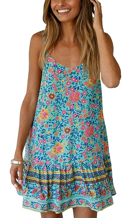 BTFBM Women's 2019 Summer Casual Floral Printed Sleeveless V-Neck Short Dress with Pockets | Amazon (US)