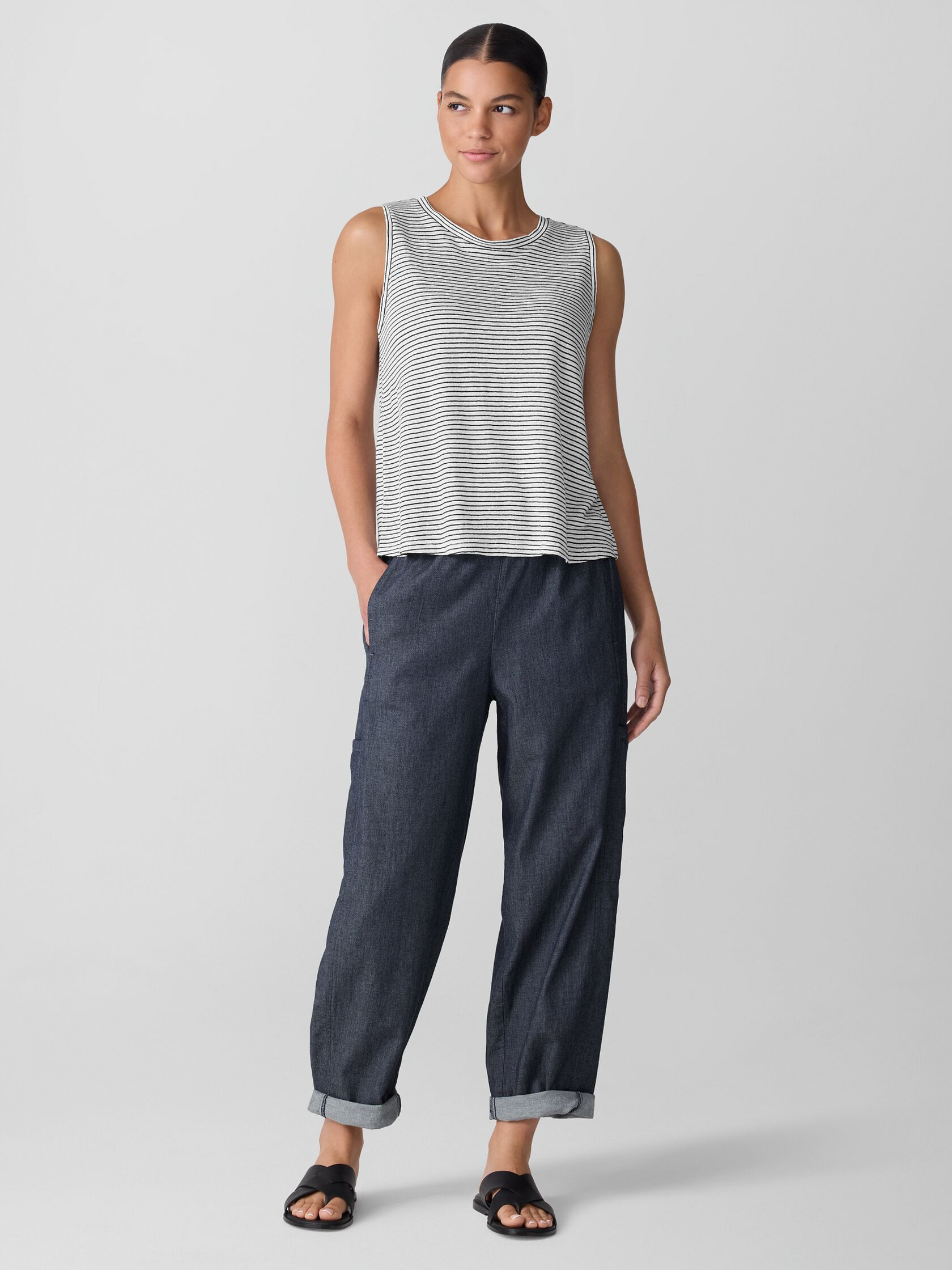 Striped Organic Linen Jersey Crew Neck Tank | Eileen Fisher