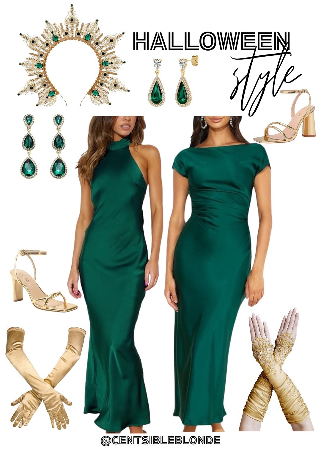 Easy Halloween outfit idea, satin dress, Gold heels, gold gloves, emerald dress, emerald earrings, emerald headpiece, Halloween party, Halloween costume

#LTKSeasonal #LTKHalloween #LTKParties