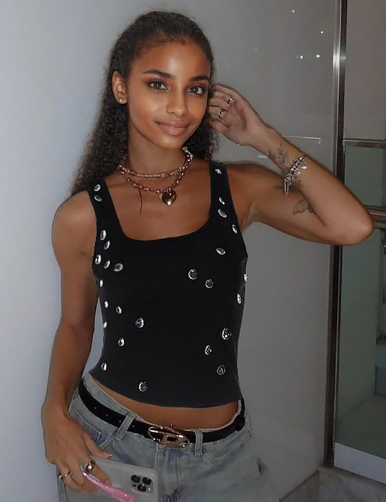 FAIMILORY Angels' Tears Y2K Women's Rhinestone Embellished Ribbed Square Neck Sleeveless Crop Top | Amazon (US)