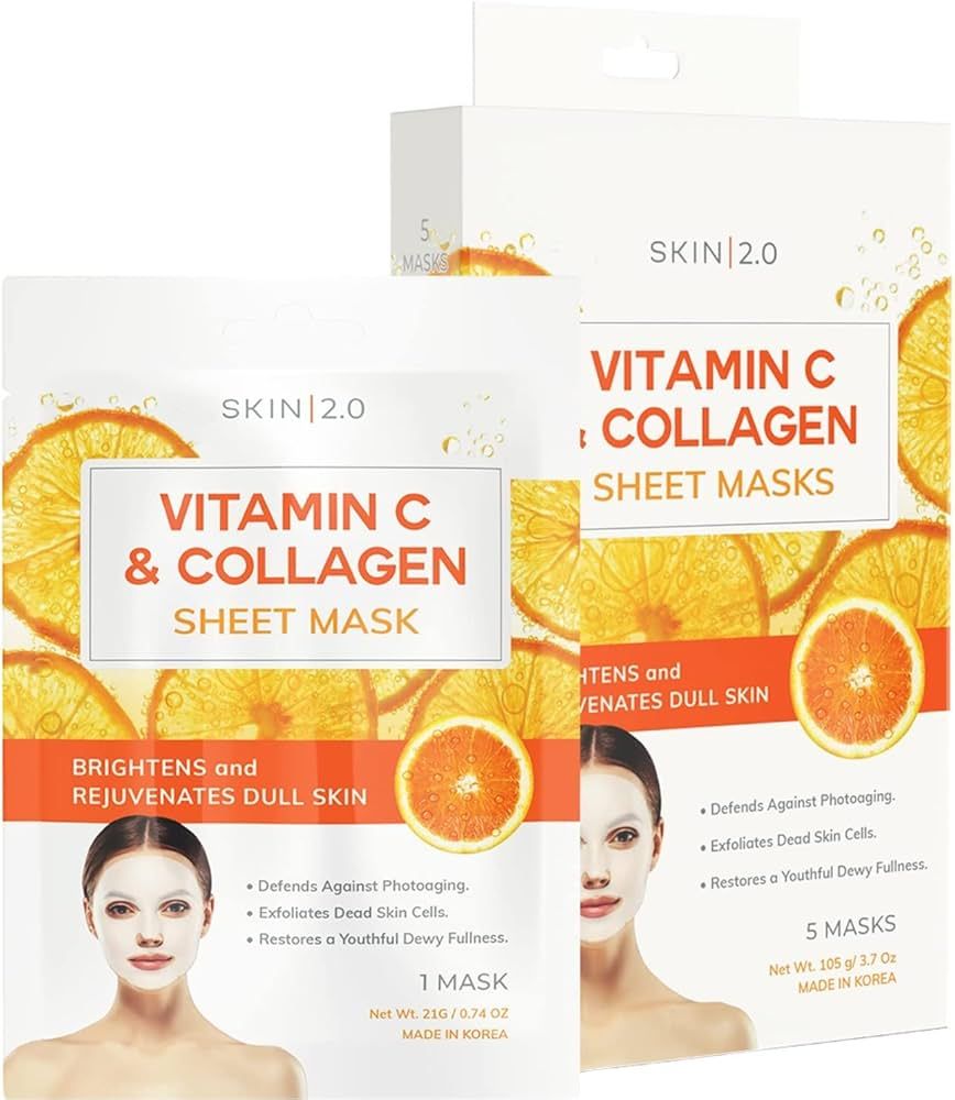 Skin 2.0 Vitamin C and Collagen Sheet Face Mask - Prevents Sun Damage, Reduces Acne, Acne Scars &... | Amazon (US)