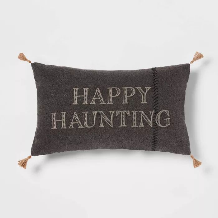 Embroidered 'Happy Haunting' Stitched Lumbar Throw Pillow Black - Threshold™ | Target