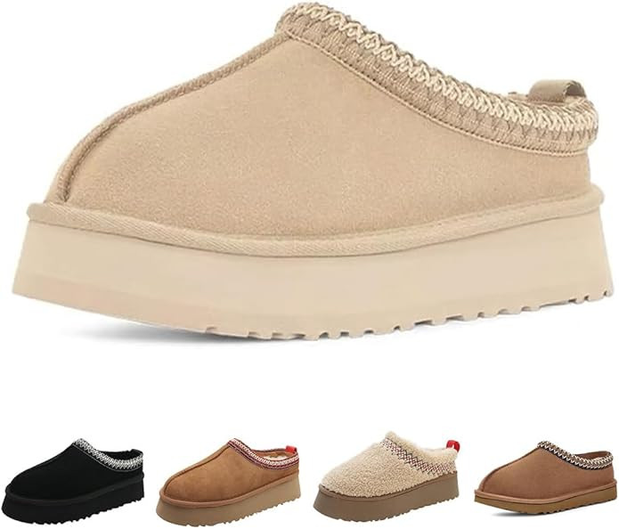 Women's Platform Mini Boots Slippers for Women Warm Fuzzy Slippers Fur Fleece Lined Slip on Suede... | Amazon (US)