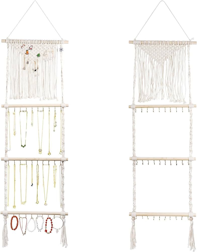 Amazon.com: Teniinet Hanging Jewelry Organizer, Boho Macrame Necklace Hanger Wall Mounted with 30... | Amazon (US)