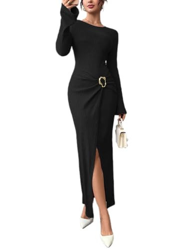 BARASA Black Dress for Women with Long Bell Sleeves Round Neckline and Slit Hem Perfect and Parties Ring Buckle Bodycon Silhouette for Spring Wedding Guest Dresses B203 Black XL | Amazon (US)