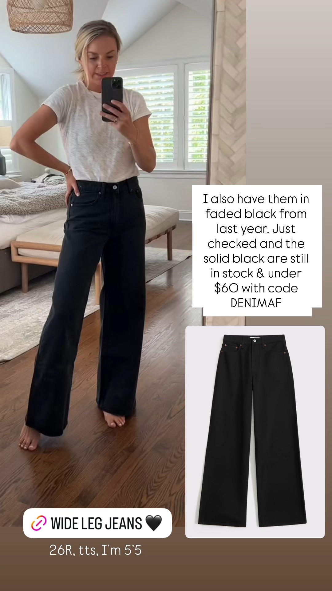 no fade black denim under $60 with code DENIMAF. I’m 5’5 wearing 26R, tts. Tee is old free people 

#LTKSaleAlert