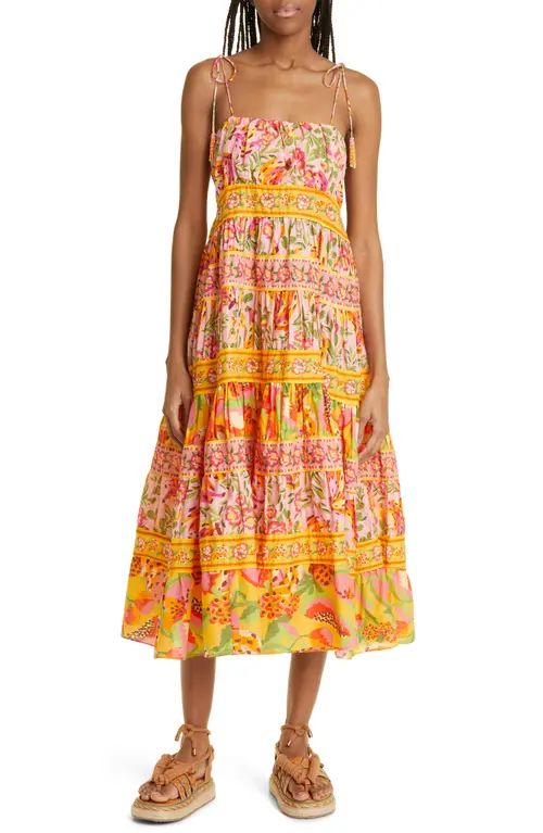 FARM Rio Mixed Fruits Paradise Cotton Midi Sundress in Pink/Yellow Multi at Nordstrom, Size X-Large | Nordstrom