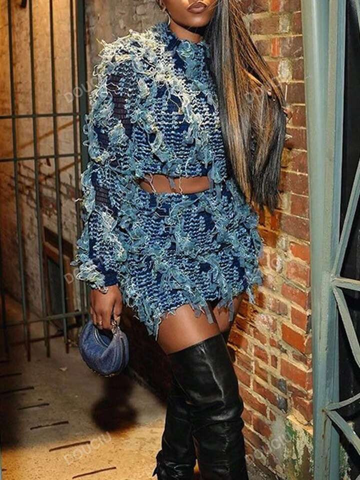 Tassel And Distressed Details Long Sleeve Top And Bodycon Skirt Two Piece Set | SHEIN