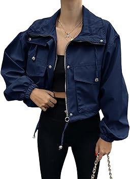 Tankaneo Womens Cropped Jacket Zip Up Lightweight Oversized Utility Anorak Coat with Pockets | Amazon (US)