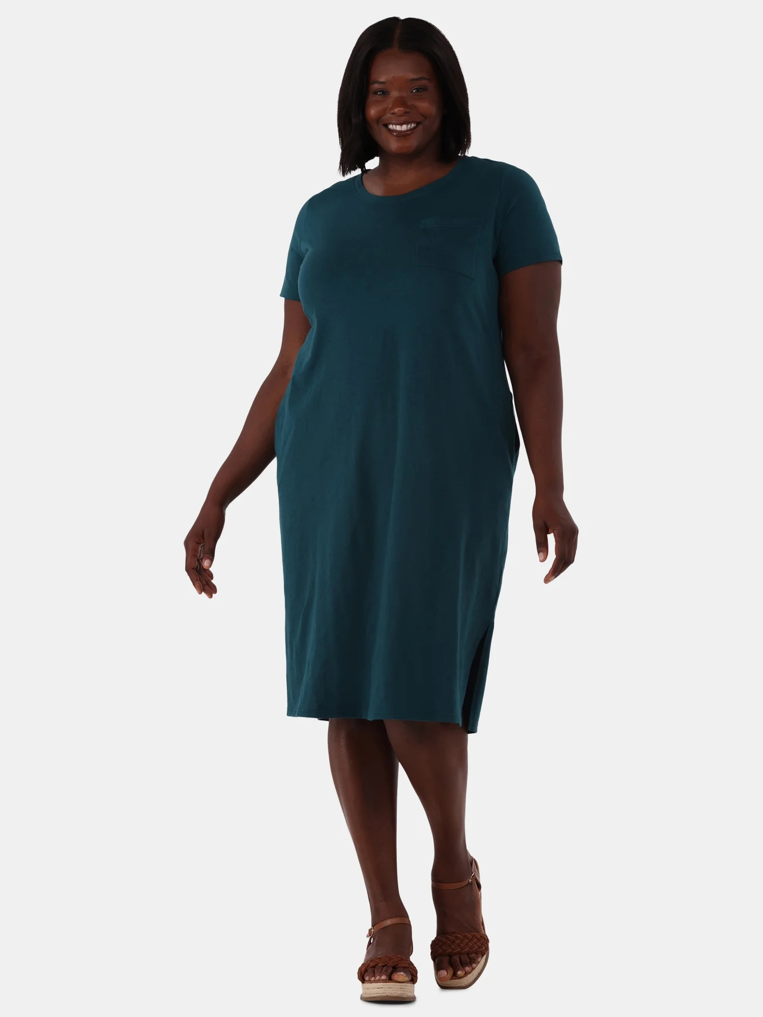 Terra & Sky Women's Plus Size Cotton Crewneck T-Shirt Dress with Pockets, Sizes 0X-5X | Walmart (US)