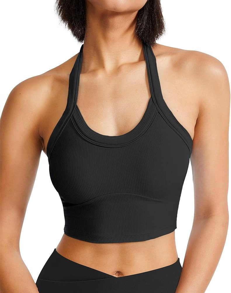 Halter Sports Bra Longline Open Back Workout Top Ribbed Crop Tank Tops with Built in Bra Gym Yoga... | Amazon (US)