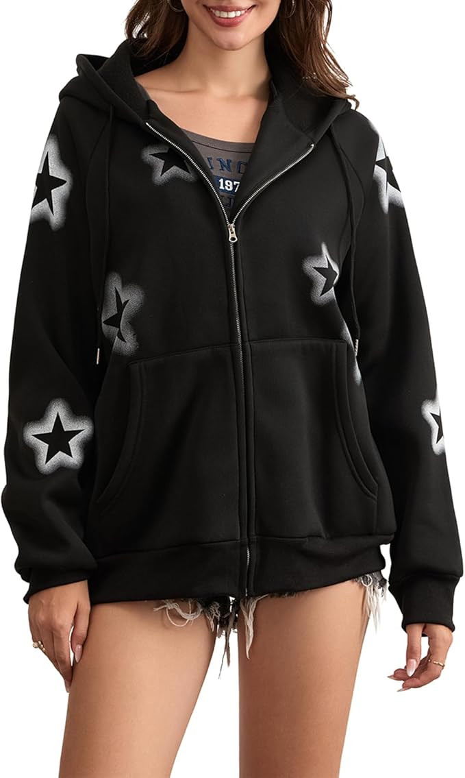 Women Zip Up Hoodies Star Graphic Print Long Sleeve Jackets Outwear Hip Hop Harajuku Y2k Oversize... | Amazon (US)
