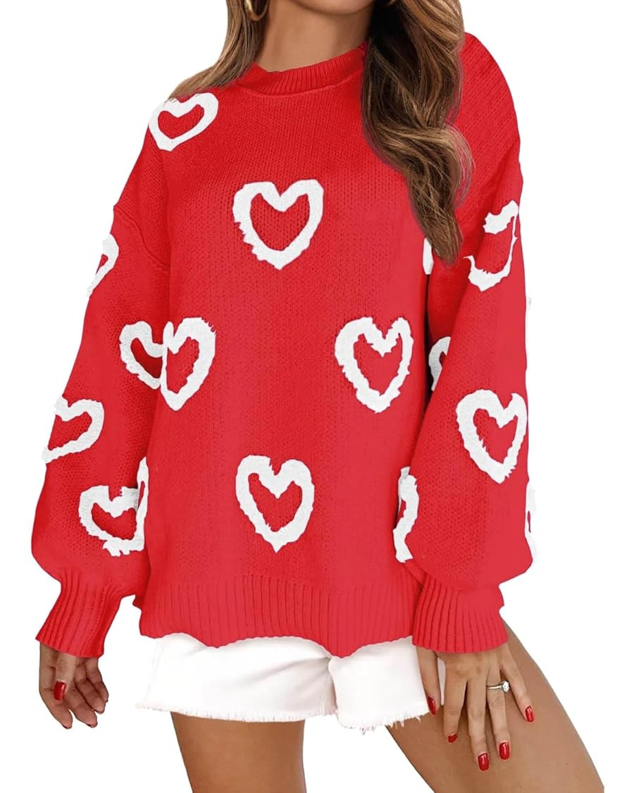 KMBANGI Women Heart Print Sweater Romantic Oversized Knitted Shirt Valentine Love Cute Graphic Lo... | Amazon (US)