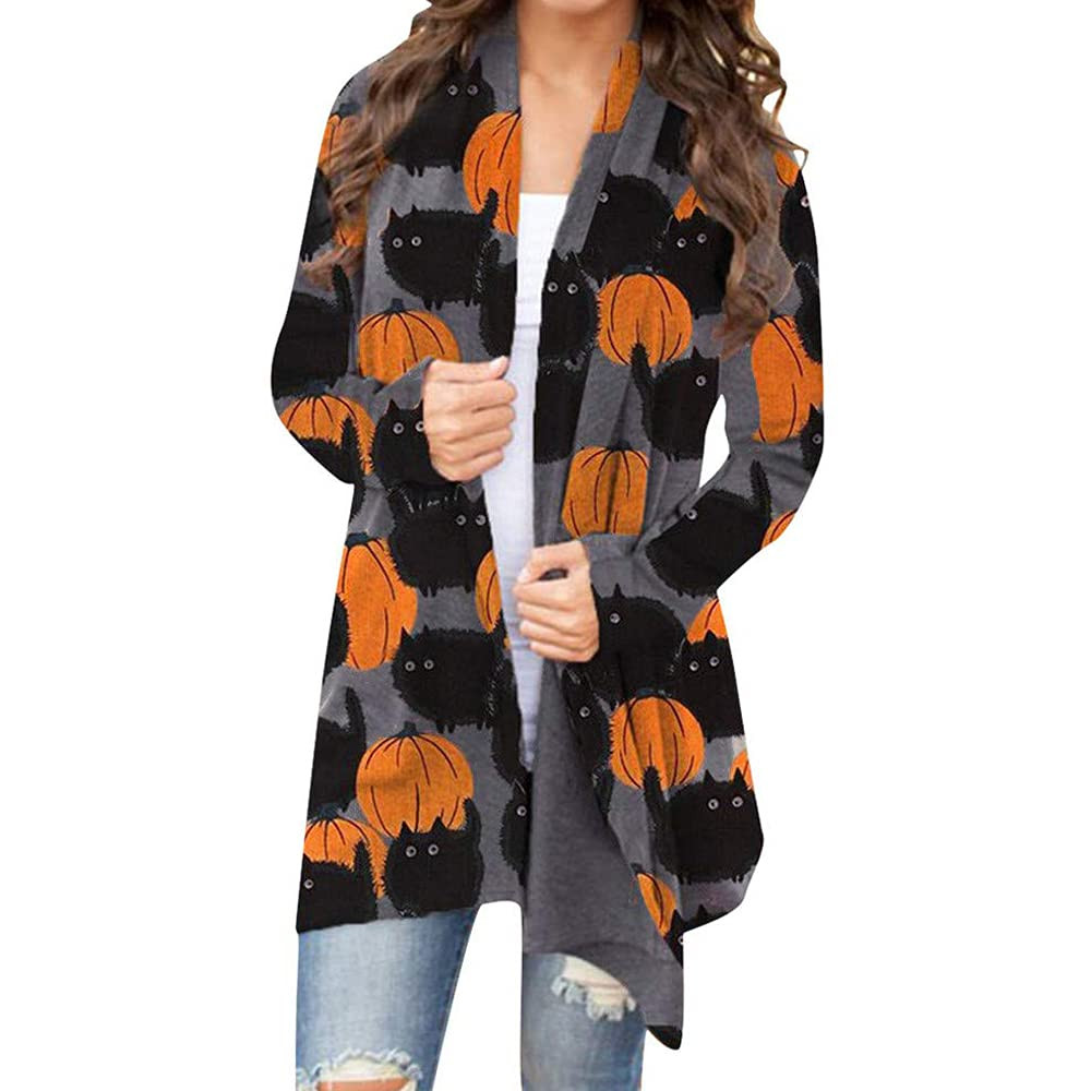 BOUTIKOME Women's Halloween Cat Pumpkin Cardigan Long Sleeve Open Front Knit Outwear Over Coats P... | Amazon (US)