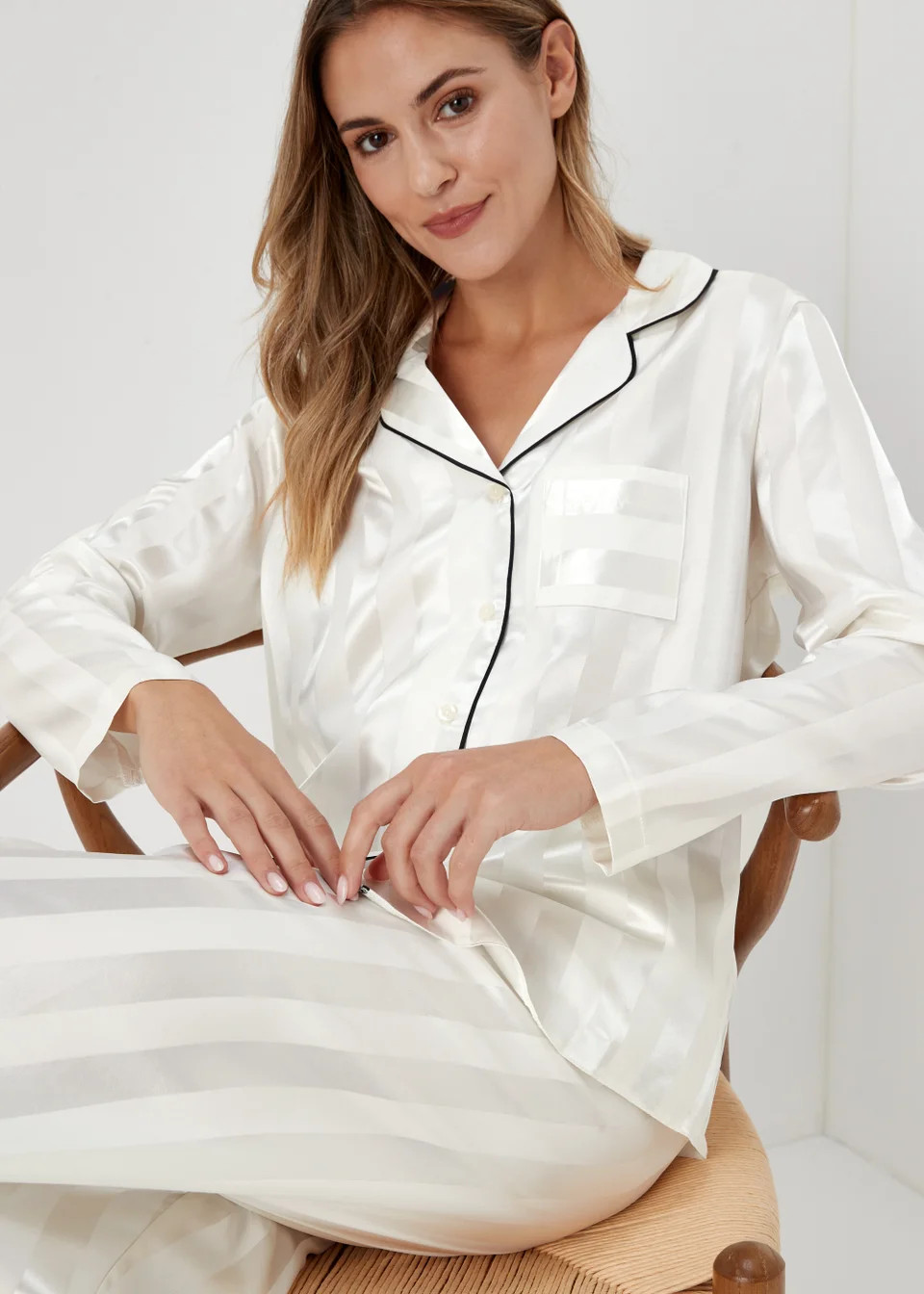 Cream Stripe Jacquard Satin Pyjama Set | Matalan (UK)