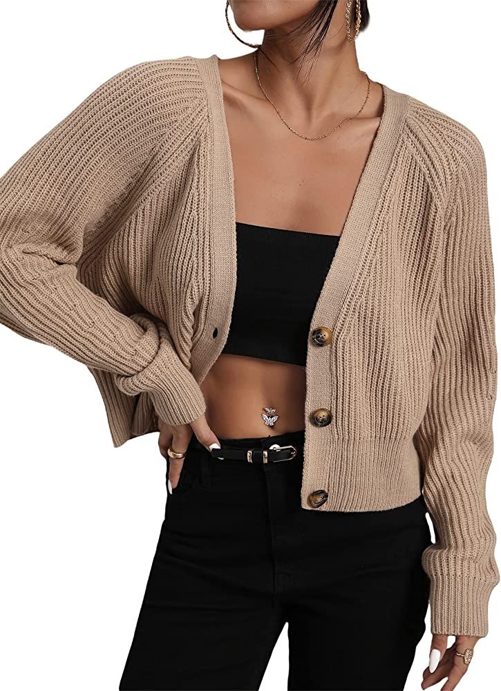 MakeMeChic Women's Casual V Neck Button Up Long Sleeve Cropped Cardigan Sweater Khaki M at Amazon... | Amazon (US)