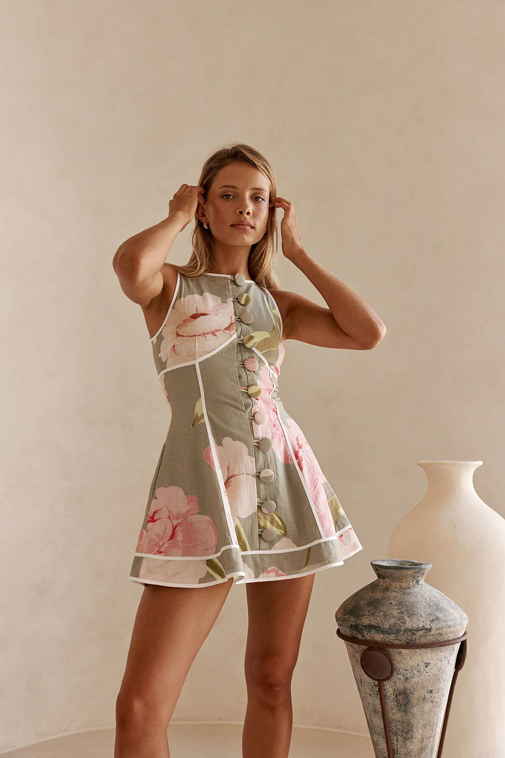 Fiori Green Floral Print Button Mini Amora Dress | Sabo Skirt US