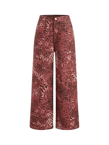 CIDER Denim Mid Waist Leopard Wide Leg Pants: Wine, L | Amazon (US)