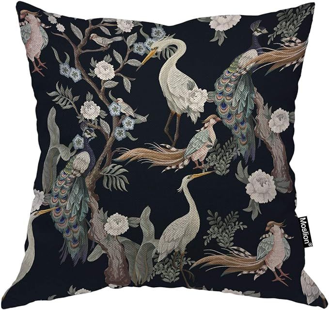 Moslion Throw Pillow Cover Birds Herons Peacock Flowers Peonies Japanese Animal Art Vintage Desig... | Amazon (US)