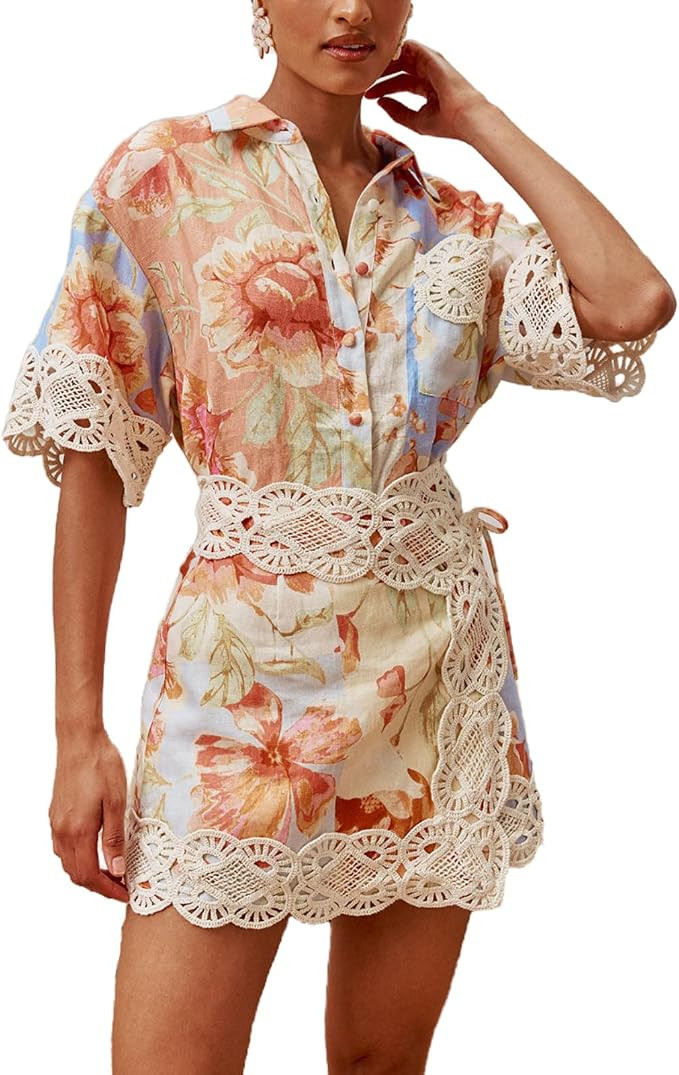 REASERAL Women's Floral Print Two Piece Outfit Lace Trim Short Sleeve Buttons Shirt Top Mini Shor... | Amazon (US)