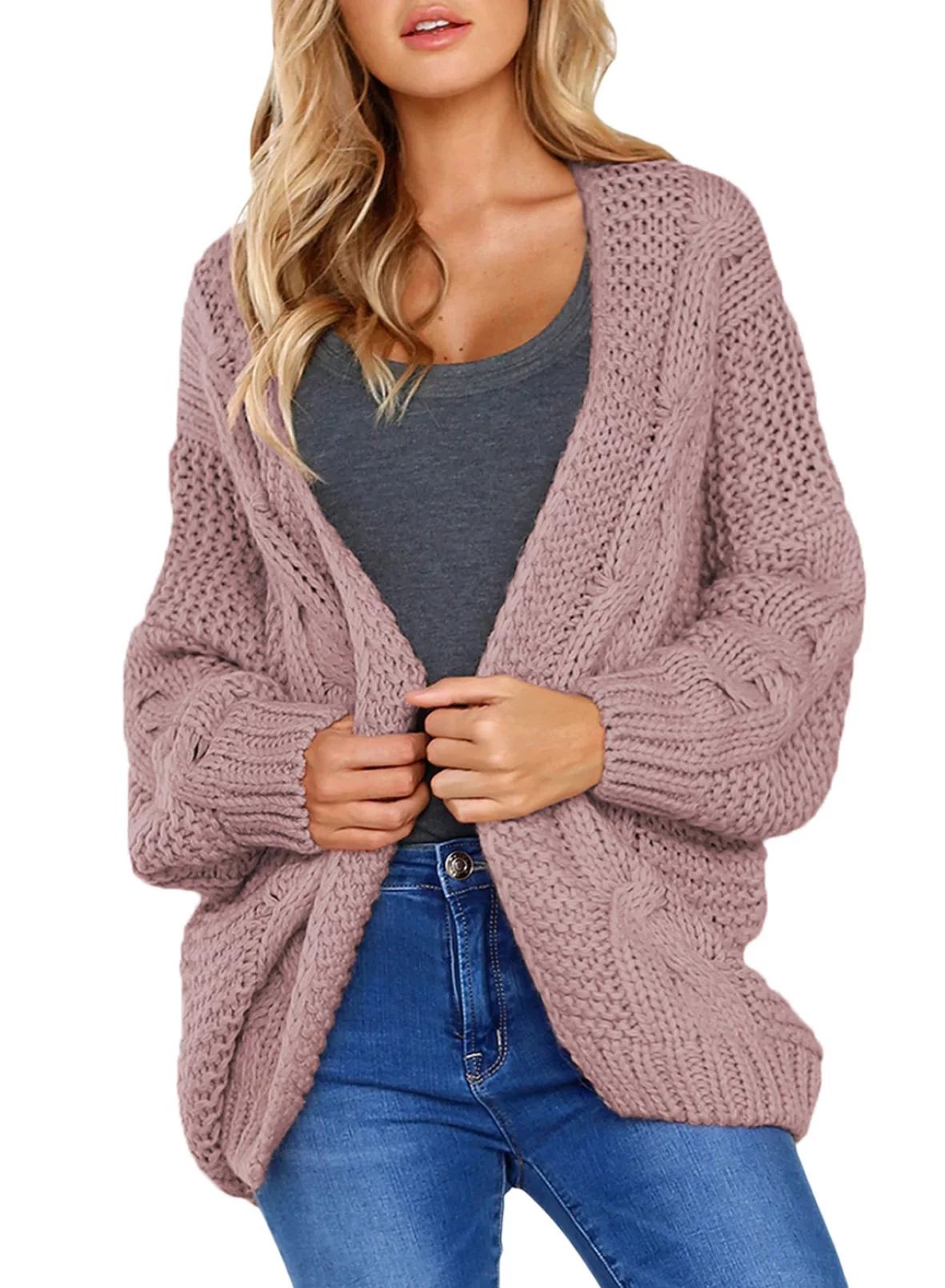 Dokotoo Womens Pink Casual Open Front Soft Chunky Knit Sweater Cardigan Outerwear Size Large US 1... | Walmart (US)