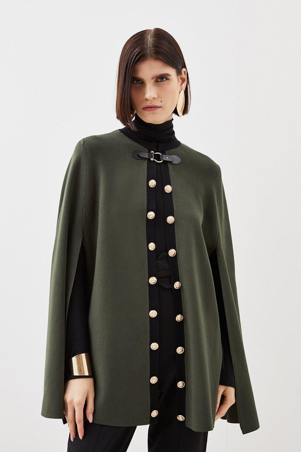 Viscose Blend Military Trim Knitted Cape | Karen Millen US