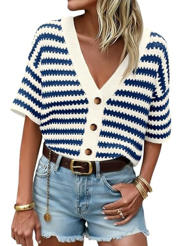 Saodimallsu Womens Short Sleeve Striped Cardigan Sweaters Crochet Knit Button Down Shirts V Neck Spring Summer Tops Dark Blue | Amazon (US)