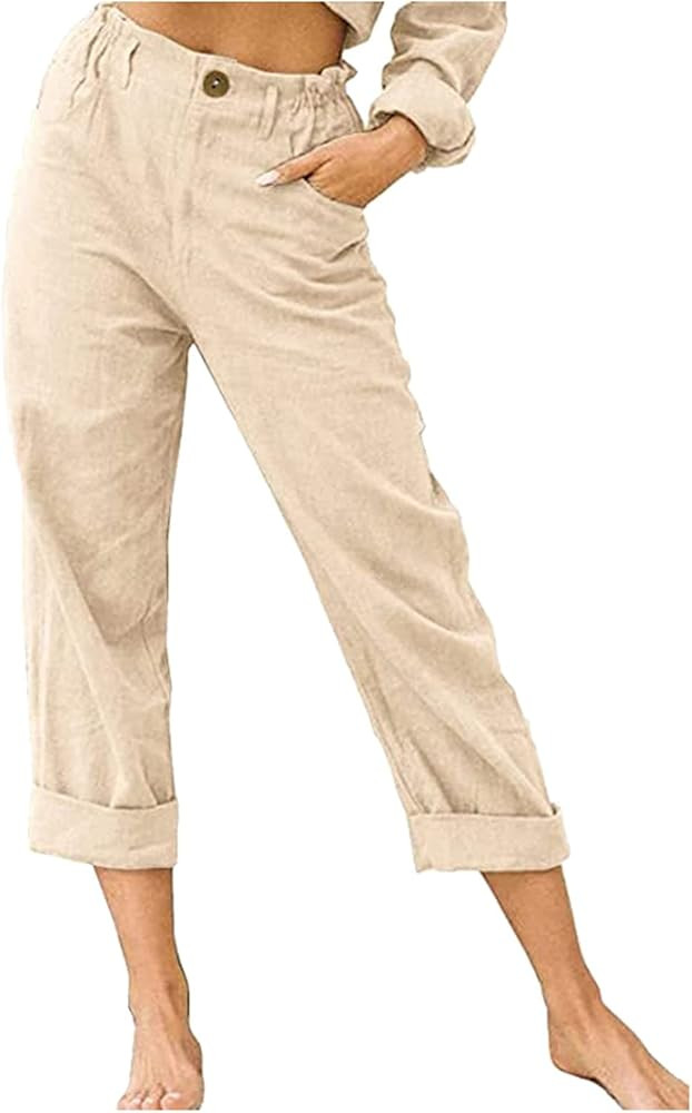 Leirke Womens Linen Buttons Cropped Pants High Elastic Waist with Pockets for Summer Casual Work ... | Amazon (US)