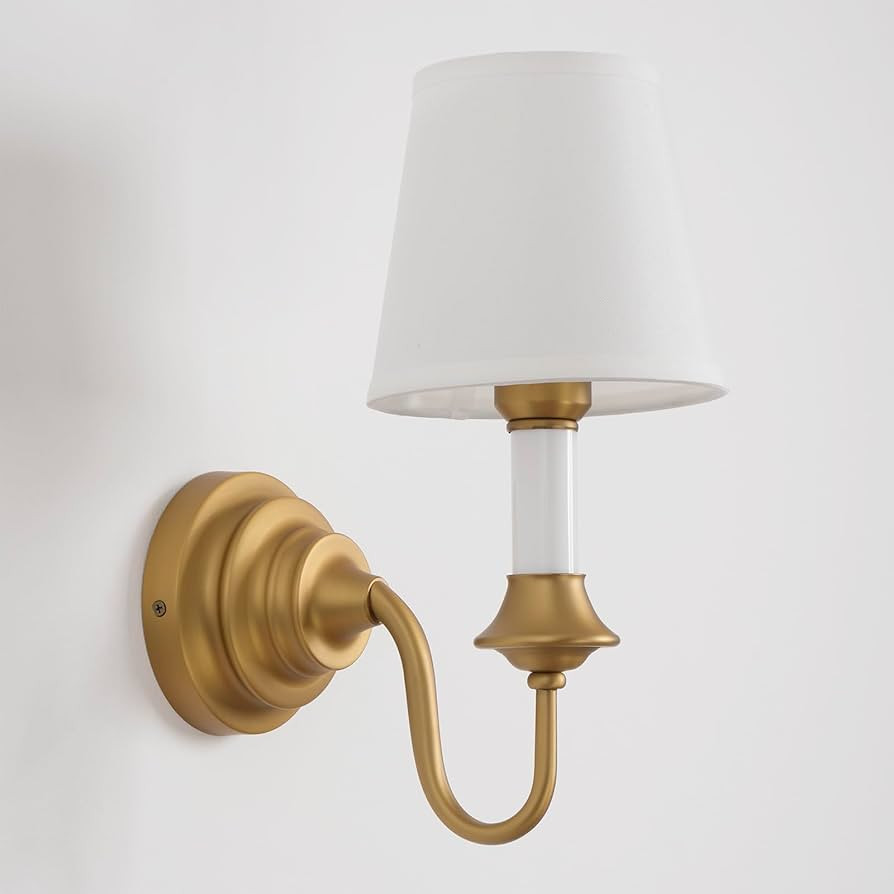 Brass Boho Fabric Wall Sconce Light with Curved Arm, Rustic Linen Cloth Wall Light Fixtures, Hard... | Amazon (US)