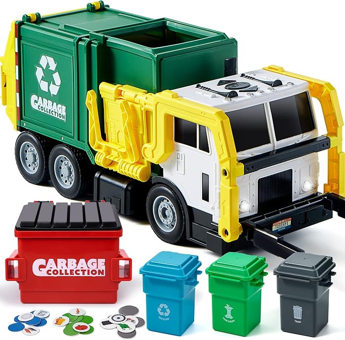 JOYIN Large Friction Powered Garbage Truck Toy Set, Includes 1 Dumpster, 3 Trash Bins, and 30 Lea... | Amazon (US)