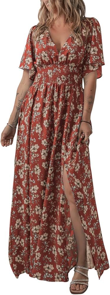 Acelitt Womens Casual Short Sleeve V Neck Smocked Waist Boho Floral Ruffle Split Maxi Dress, S-XX... | Amazon (US)